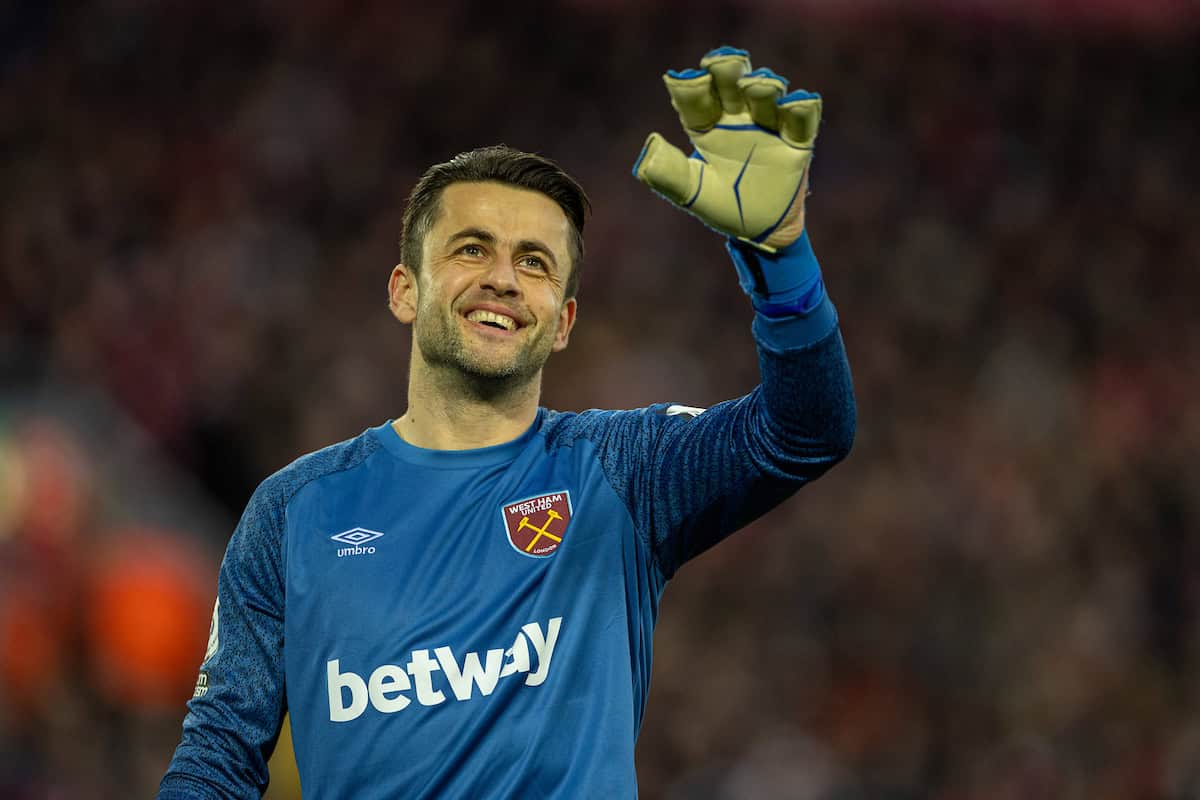 LIVERPOOL, ENGLAND - Friday, March 4, 2022: West Ham United's goalkeeper ?ukasz Fabia?ski during the FA Premier League match between Liverpool FC and West Ham United FC at Anfield. (Pic by David Rawcliffe/Propaganda)