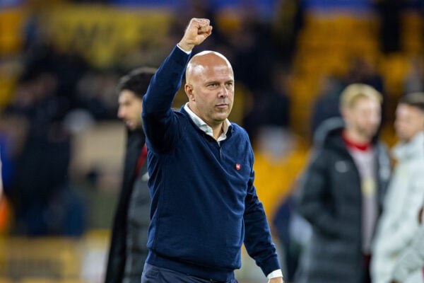 WOLVERHAMPTON, ENGLAND - Saturday, September 28, 2024: Liverpool's head coach Arne Slot celebrates after the FA Premier League match between Wolverhampton Wanderers FC and Liverpool FC at Molineux Stadium. Liverpool won 2-1. (Photo by David Rawcliffe/Propaganda)