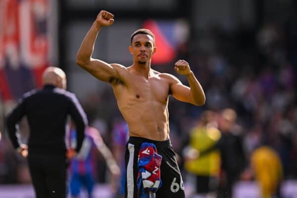 LONDON, ENGLAND - Saturday, October 5, 2024: Liverpool's Trent Alexander-Arnold celebrates after the FA Premier League match between Crystal Palace FC and Liverpool FC at Selhurst Park. Liverpool won 1-0. (Photo by David Rawcliffe/Propaganda)