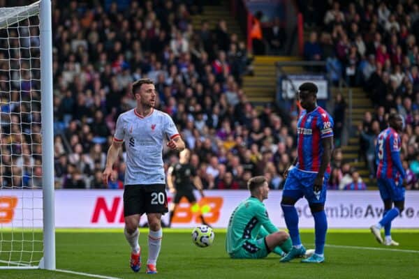 LONDON, ENGLAND - Saturday, October 5, 2024: Liverpool's Diogo Jota celebrates after scoring the first goal during the FA Premier League match between Crystal Palace FC and Liverpool FC at Selhurst Park. (Photo by David Rawcliffe/Propaganda)