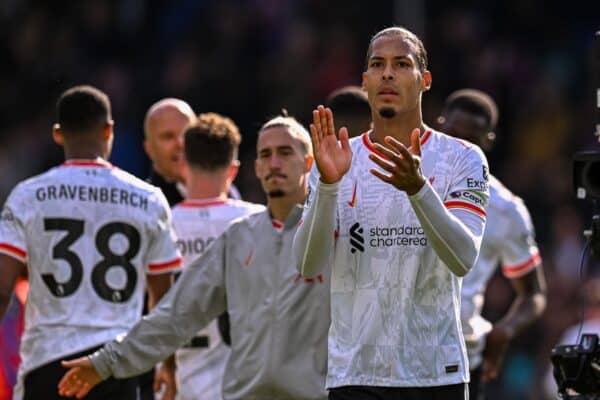 LONDON, ENGLAND - Saturday, October 5, 2024: Liverpool's captain Virgil van Dijk celebrates after the FA Premier League match between Crystal Palace FC and Liverpool FC at Selhurst Park. Liverpool won 1-0. (Photo by David Rawcliffe/Propaganda)