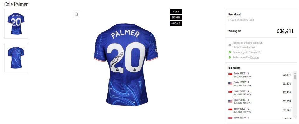 Palmer's shirt sold for a huge sum a week after he scored four goals in it