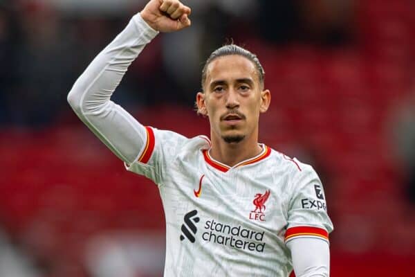 MANCHESTER, ENGLAND - Sunday, September 1, 2024: Liverpool's Kostas Tsimikas celebrates after the FA Premier League match between Manchester United FC and Liverpool FC at Old Trafford. Liverpool won 3-0. (Photo by David Rawcliffe/Propaganda)