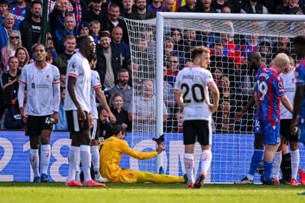 LONDON, ENGLAND - Saturday, October 5, 2024: Liverpool's goalkeeper Alisson Becker goes down with an injury during the FA Premier League match between Crystal Palace FC and Liverpool FC at Selhurst Park. (Photo by David Rawcliffe/Propaganda)