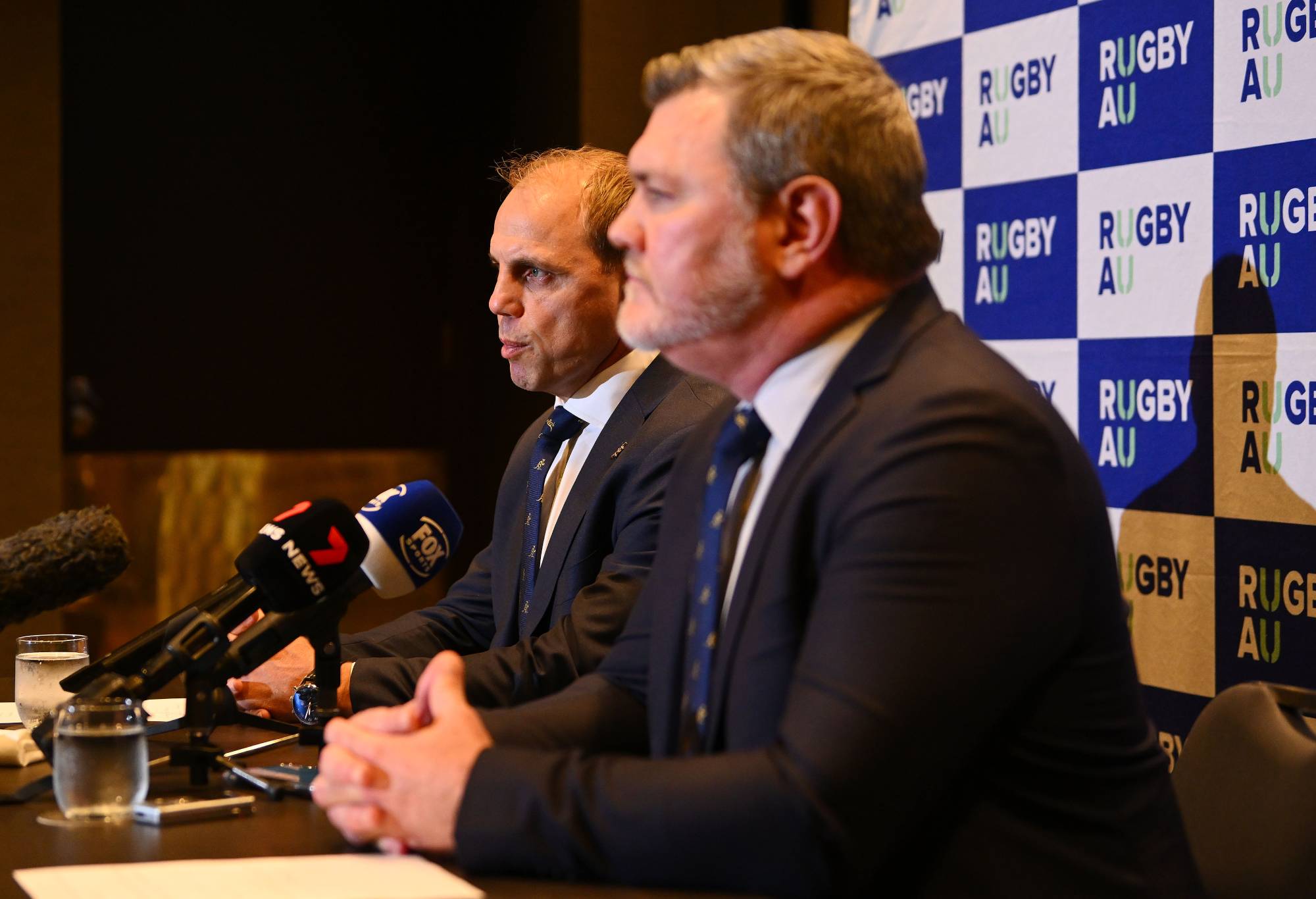 Rugby Australia CEO Phil Waugh and Rugby Australia Chair Daniel Herbert speak to the media during a press conference at InterContinental Melbourne The Rialto on May 30, 2024 in Melbourne, Australia. Rugby Australia announced the results of an application from a consortium seeking a participation agreement for the Melbourne. Rebels in the 2025 Super Rugby Pacific competition. (Photo by Morgan Hancock/Getty Images)