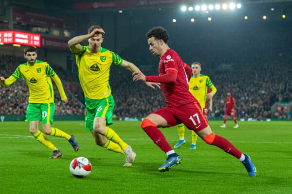 LIVERPOOL, ENGLAND - Wednesday, March 2, 2022: Liverpool's Curtis Jones during the FA Cup 5th Round match between Liverpool FC and Norwich City FC at Anfield. (Pic by David Rawcliffe/Propaganda)