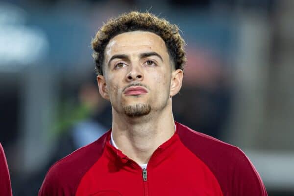 BERGAMO, ITALY - Thursday, April 18, 2024: Liverpool's Curtis Jones lines-up before during the UEFA Europa League Quarter-Final 2nd Leg match between BC Atalanta and Liverpool FC at the Stadio Atleti Azzurri d'Italia. Liverpool won 1-0 but Atalanta progress 3-1 on aggregate. (Photo by David Rawcliffe/Propaganda)