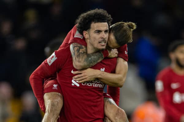 WOLVERHAMPTON, ENGLAND - Tuesday, January 17, 2023: Liverpool's Curtis Jones (L) and Kostas Tsimikas celebrate after the FA Cup 3rd Round Replay match between Wolverhampton Wanderers FC and Liverpool FC at Molineux Stadium. Liverpool won 1-0. (Pic by David Rawcliffe/Propaganda)