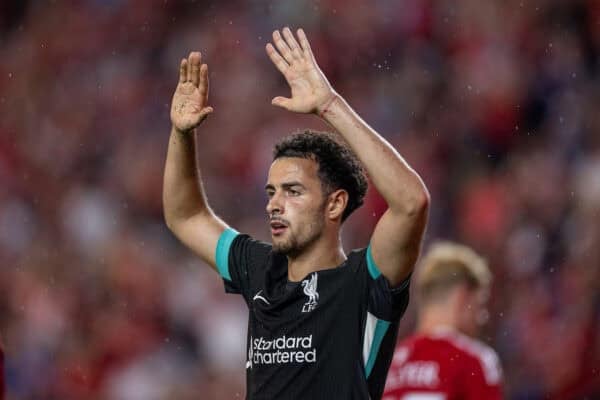 COLUMBIA - Saturday, August 3, 2024: Liverpool's Curtis Jones celebrates after scoring the second goal during a pre-season friendly match between Liverpool FC and Manchester United FC at the Williams-Brice Stadium on day eleven of the club's pre-season tour of the USA. (Photo by David Rawcliffe/Propaganda)