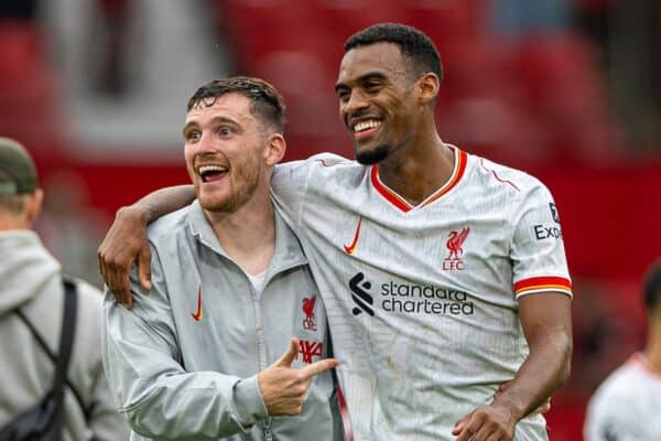 MANCHESTER, ENGLAND - Sunday, September 1, 2024: Liverpool's Andy Robertson (L) and Ryan Gravenberch celebrates after the FA Premier League match between Manchester United FC and Liverpool FC at Old Trafford. Liverpool won 3-0. (Photo by David Rawcliffe/Propaganda)