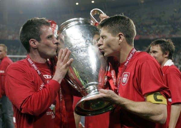 Liverpool captain Steven Gerrard (R) and Jamie Carragher kiss the UEFA Champions League trophy in Istanbul, 2005 (Phil Noble/PA Archive/PA Images)