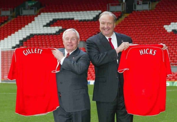 Liverpool, England - Tuesday, February 6th, 2007: American tycoons George Gillett (L) and Tom Hicks (R) proudly hold up Liverpool's famous red shirt after announcing their take-over of Liverpool Football Club in a deal worth around £470 million. Texan billionaire Hicks, who owns the Dallas Stars ice hockey team and the Texas Rangers baseball team, has teamed up with Montreal Canadiens owner Gillett to put together a joint £450m package to buy out shareholders, service the club's existing debt and provide funding for the planned new stadium in Stanley Park. (Pic by Dave Kendall/Propaganda)