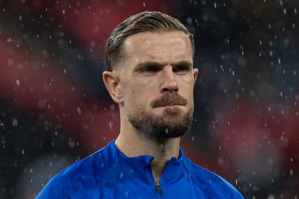 LONDON, ENGLAND - Friday, October 13, 2023: England's captain Jordan Henderson lines-up before during an International Friendly match between England and Australia at Wembley Stadium. England won 1-0. (Photo by David Rawcliffe/Propaganda)