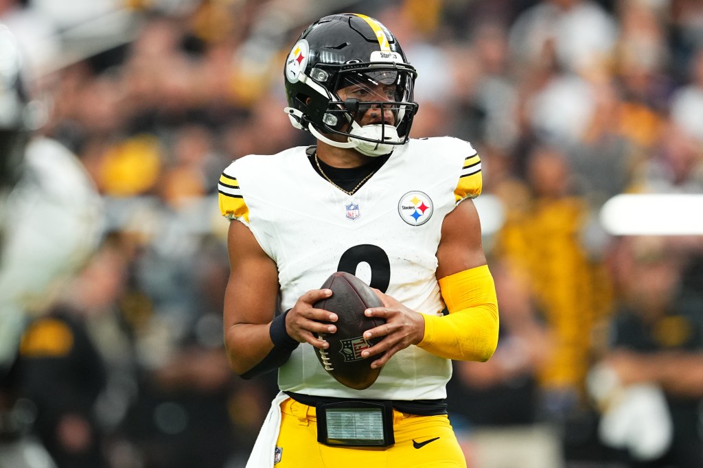 Justin Fields #2 of the Pittsburgh Steelers looks to throw a pass in the second quarter of a game against the Las Vegas Raiders at Allegiant Stadium on October 13, 2024 in Las Vegas, Nevada.