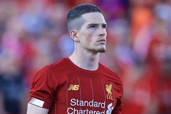 SOUTH BEND, INDIANA, USA - Friday, July 19, 2019: Liverpool's Ryan Kent walks out with mascots before a friendly match between Liverpool FC and Borussia Dortmund at the Notre Dame Stadium on day four of the club's pre-season tour of America. (Pic by David Rawcliffe/Propaganda)