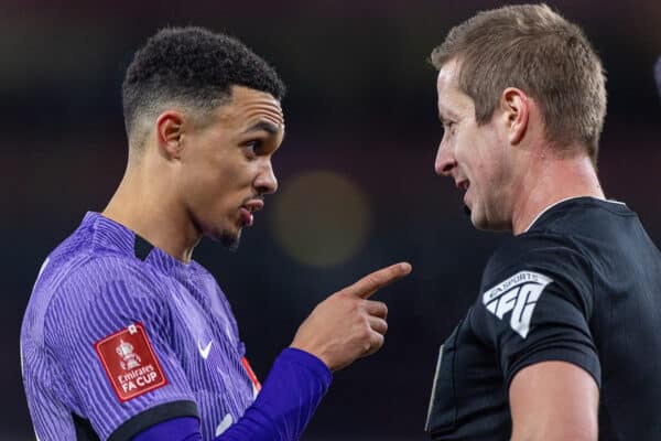 LONDON, ENGLAND - Sunday, January 7, 2024: Liverpool's Trent Alexander-Arnold speaks with referee John Brooks during the FA Cup 3rd Round match between Arsenal FC and Liverpool FC at the Emirates Stadium. Liverpool won 2-0. (Photo by David Rawcliffe/Propaganda)