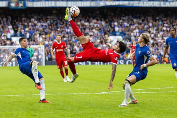 LONDON, ENGLAND - Sunday, August 13, 2023: Liverpool's Luis Diaz shoots with an over-head kick during the FA Premier League match between Chelsea FC and Liverpool FC at Stamford Bridge. (Pic by David Rawcliffe/Propaganda)