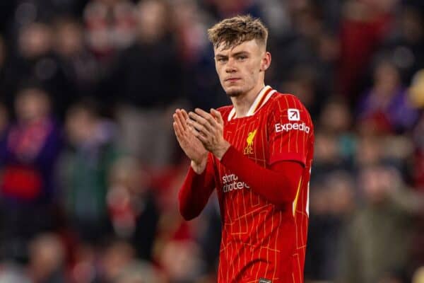 LIVERPOOL, ENGLAND - Wednesday, September 25, 2024: Liverpool's Conor Bradley applauds the supporters after the Football League Cup 3rd Round match between Liverpool FC and West Ham United FC at Anfield. (Photo by Ryan Brown/Propaganda)