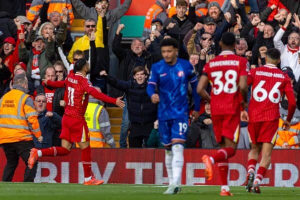 LIVERPOOL, ENGLAND - Saturday, October 19, 2024: Liverpool's Mohamed Salah celebrates after scoring the opening goal from a penalty kick during the FA Premier League match between Liverpool FC and Chelsea FC at Anfield. (Photo by David Rawcliffe/Propaganda)