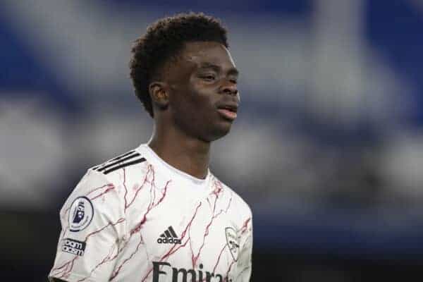 LIVERPOOL, ENGLAND - Saturday, December 19, 2020: Arsenal's Bukayo Saka during the FA Premier League match between Everton FC and Arsenal FC at Goodison Park. Everton won 2-1. (Pic by David Rawcliffe/Propaganda)