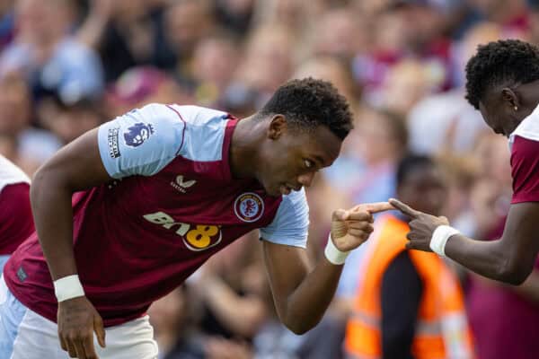 BIRMINGHAM, ENGLAND - Sunday, August 20, 2023: Aston Villa's Jhon Durán celebrates after scoring the fourth goal during the FA Premier League match between Aston Villa FC and Everton FC at Villa Park. (Pic by David Rawcliffe/Propaganda)