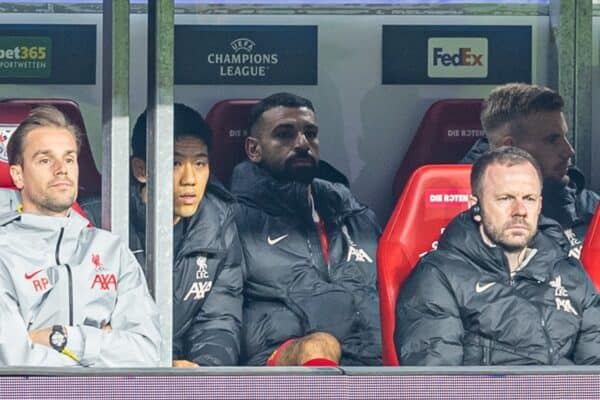 LEIPZIG, GERMANY - Wednesday, October 23, 2024: Liverpool's Mohamed Salah on the bench after being substituted during the UEFA Champions League Match Day 3 game between RB Leipzig and Liverpool FC at the Red Bull Arena. (Photo by David Rawcliffe/Propaganda)