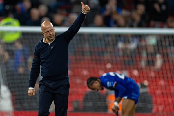 LIVERPOOL, ENGLAND - Saturday, October 19, 2024: Liverpool's head coach Arne Slot celebrates after the FA Premier League match between Liverpool FC and Chelsea FC at Anfield. (Photo by David Rawcliffe/Propaganda)