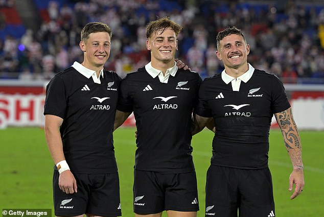 Love (pictured centre with All Blacks teammates after the win over Japan) says he used his teacher's doubts as fuel to drive him for years