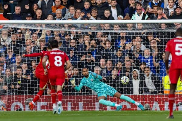 LIVERPOOL, ENGLAND - Saturday, October 19, 2024: Liverpool's Mohamed Salah scores the opening goal past Chelsea's goalkeeper Robert Sánchez from a penalty kick during the FA Premier League match between Liverpool FC and Chelsea FC at Anfield. (Photo by David Rawcliffe/Propaganda)