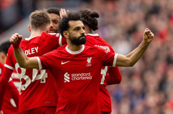 LIVERPOOL, ENGLAND - Sunday, March 31, 2024: Liverpool's Mohamed Salah celebrates after scoring his side's second goal during the FA Premier League match between Liverpool FC and Brighton & Hove Albion FC at Anfield. (Photo by David Rawcliffe/Propaganda)