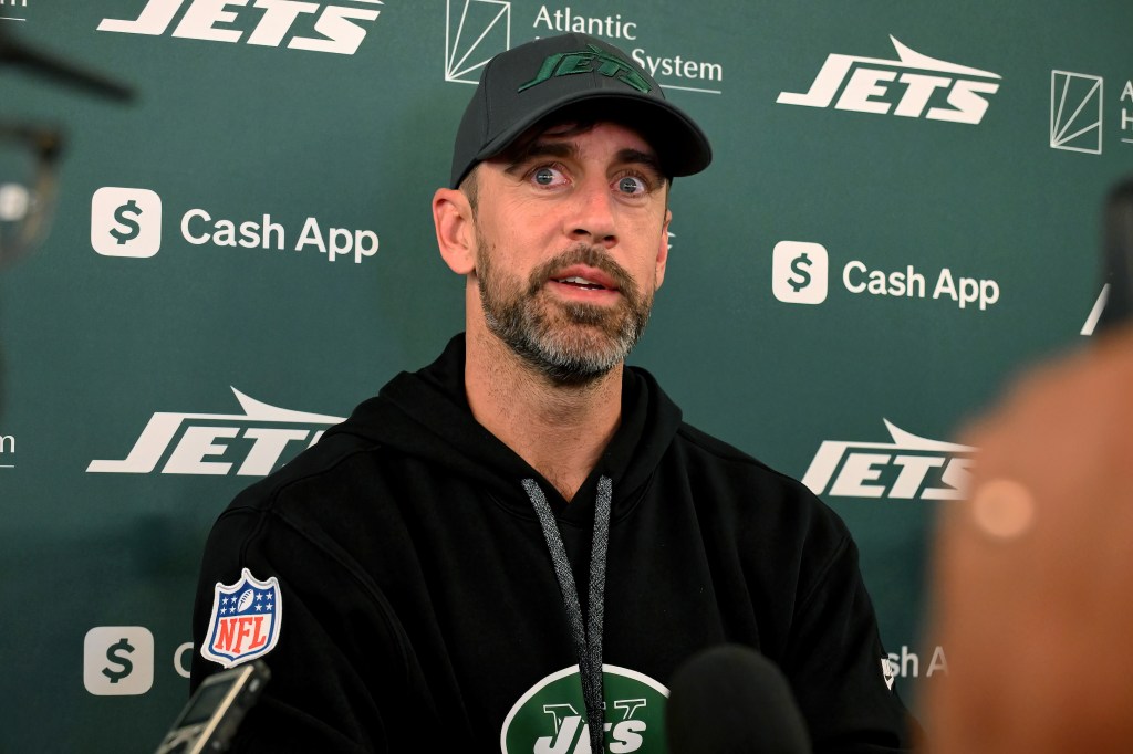 Jets quarterback Aaron Rodgers speaks to the media after practice in Florham Park on Oct. 29, 2024.