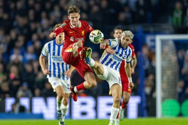 BRIGHTON & HOVE, ENGLAND - Wednesday, October 30, 2024: Liverpool's Tyler Morton (L) is challenged by Brighton & Hove Albion's Brajan Gruda during the Football League Cup 4th Round match between Brighton & Hove Albion FC and Liverpool FC at the AMEX Community Stadium. (Photo by David Rawcliffe/Propaganda)