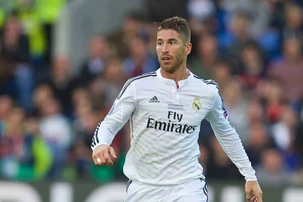 CARDIFF, WALES - Tuesday, August 12, 2014: Real Madrid's Sergio Ramos in action against Sevilla during the UEFA Super Cup at the Cardiff City Stadium. (Pic by David Rawcliffe/Propaganda)