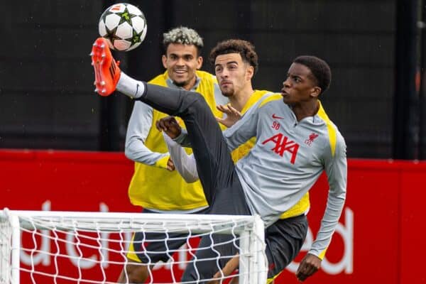 LIVERPOOL, ENGLAND - Tuesday, October 1, 2024: Liverpool's (L-R) Luis Díaz, Curtis Jones and Trey Nyoni during a training session at the AXA Training Centre ahead of the UEFA Champions League match between Liverpool FC and Bologna FC. (Photo by David Rawcliffe/Propaganda)