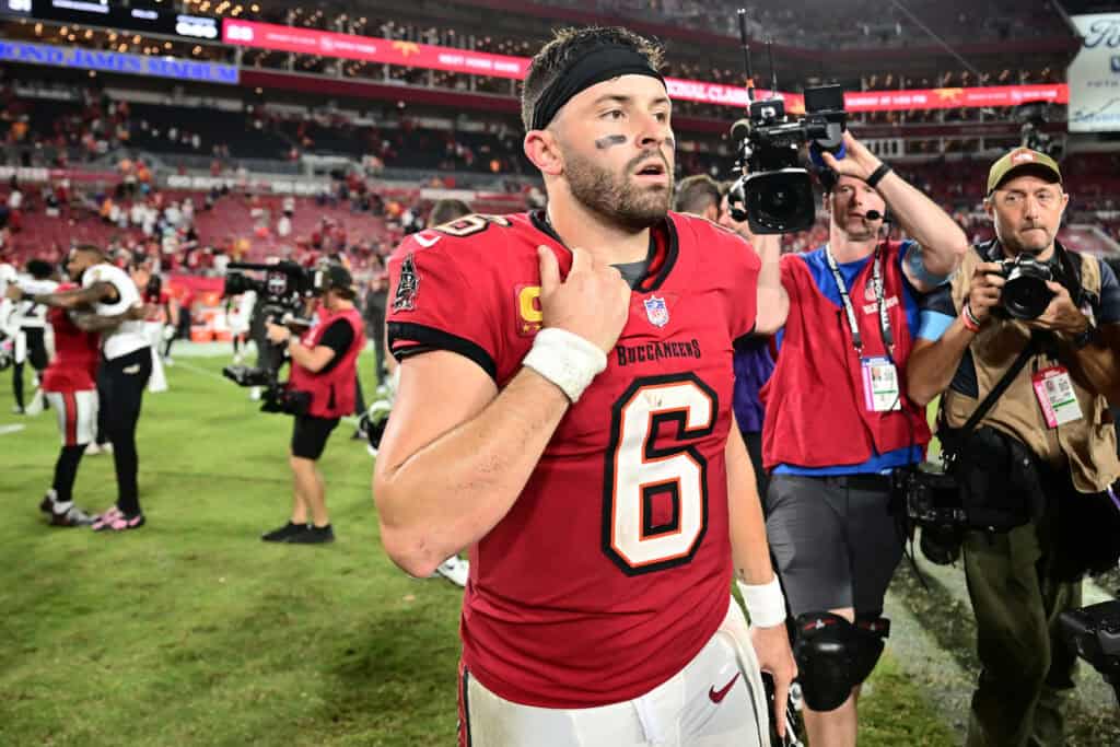 TAMPA, FLORIDA - OCTOBER 21: Baker Mayfield #6 of the Tampa Bay Buccaneers walks to the locker room following the game against the Baltimore Ravens at Raymond James Stadium on October 21, 2024 in Tampa, Florida. Baltimore defeated Tampa Bay 41-31.