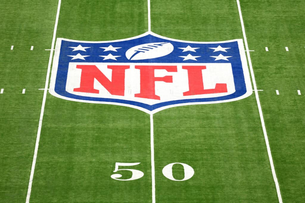 LONDON, ENGLAND - OCTOBER 13: General view inside the stadium, as the NFL logo is seen on the pitch prior to the NFL match between Jacksonville Jaguars and Chicago Bears at Tottenham Hotspur Stadium on October 13, 2024 in London, England