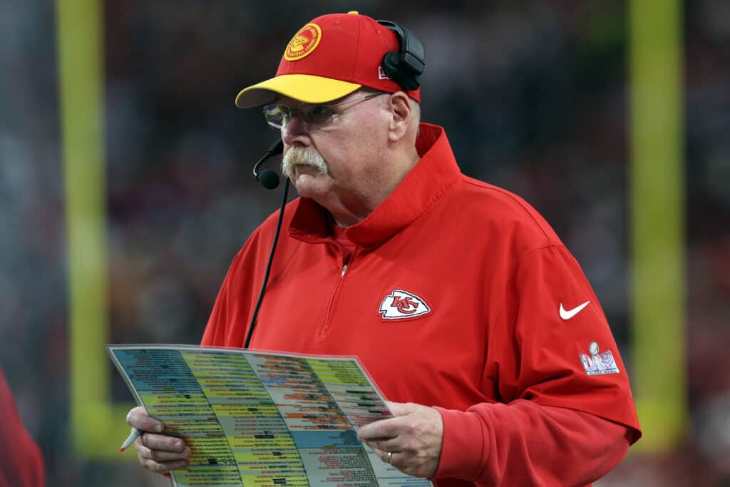 LAS VEGAS, NEVADA - FEBRUARY 11: Head coach Andy Reid of the Kansas City Chiefs looks on in the first half against the San Francisco 49ers during Super Bowl LVIII at Allegiant Stadium on February 11, 2024 in Las Vegas, Nevada.