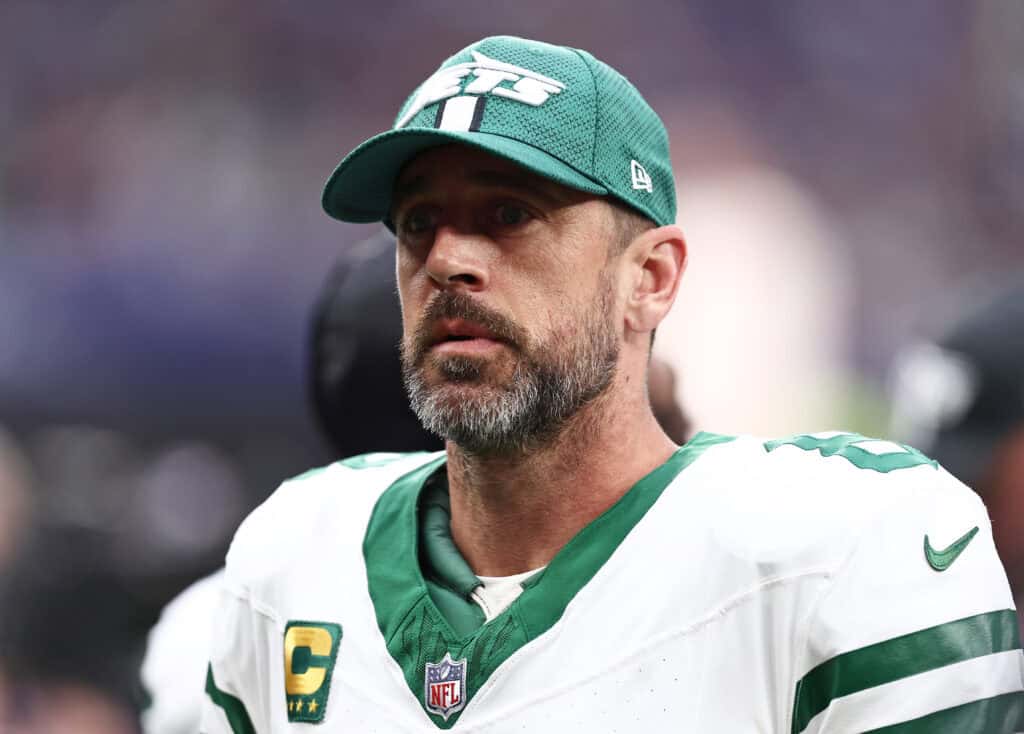 LONDON, ENGLAND - OCTOBER 06: Aaron Rodgers of New York Jets looks on during the NFL match between New York Jets and Minnesota Vikings at Tottenham Hotspur Stadium on October 06, 2024 in London, England.