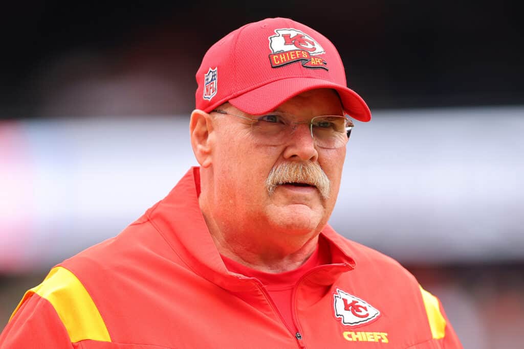 CHICAGO, ILLINOIS - AUGUST 13: Head coach Andy Reid of the Kansas City Chiefs looks on prior to a preseason game against the Chicago Bears at Soldier Field on August 13, 2022 in Chicago, Illinois.