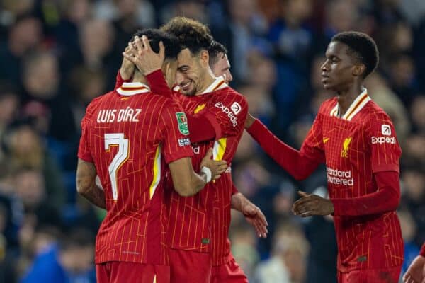 BRIGHTON & HOVE, ENGLAND - Wednesday, October 30, 2024: Liverpool's Luis Díaz (L) celebrates with team-mates Curtis Jones (C) and Trey Nyoni (R) after scoring the third goal during the Football League Cup 4th Round match between Brighton & Hove Albion FC and Liverpool FC at the AMEX Community Stadium. (Photo by David Rawcliffe/Propaganda)