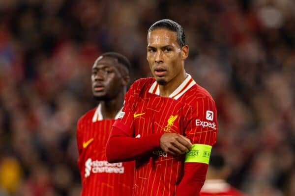 LIVERPOOL, ENGLAND - Wednesday, October 2, 2024: Liverpool's captain Virgil van Dijk during the UEFA Champions League game between Liverpool FC and Bologna FC 1909 at Anfield. (Photo by David Rawcliffe/Propaganda)