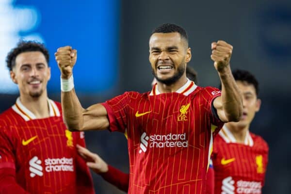 BRIGHTON & HOVE, ENGLAND - Wednesday, October 30, 2024: Liverpool's Cody Gakpo celebrates after scoring the opening goal during the Football League Cup 4th Round match between Brighton & Hove Albion FC and Liverpool FC at the AMEX Community Stadium. (Photo by David Rawcliffe/Propaganda)