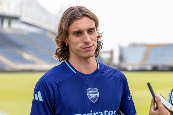 PHILADELPHIA - Monday, July 29, 2024: Arsenal's new signing Riccardo Calafiori speaks to the media after an open training session at Philadelphia Union's Subaru Park ahead of a pre-season friendly match against Liverpool FC. (Photo by David Rawcliffe/Propaganda)