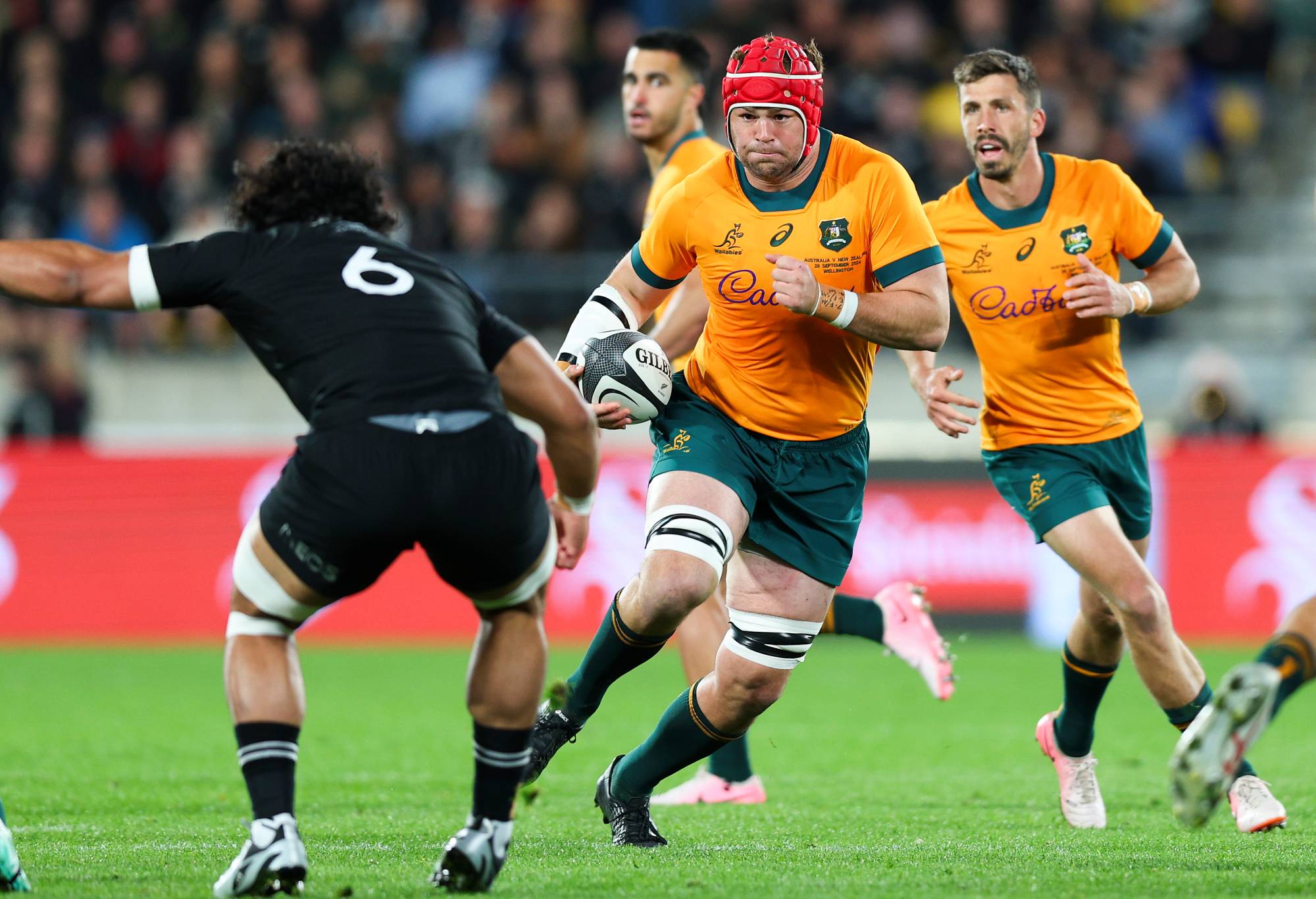 Harry Wilson of Australia on attack during The Rugby Championship & Bledisloe Cup match between New Zealand All Blacks and Australia Wallabies at Sky Stadium on September 28, 2024 in Wellington, New Zealand. (Photo by Hagen Hopkins/Getty Images)