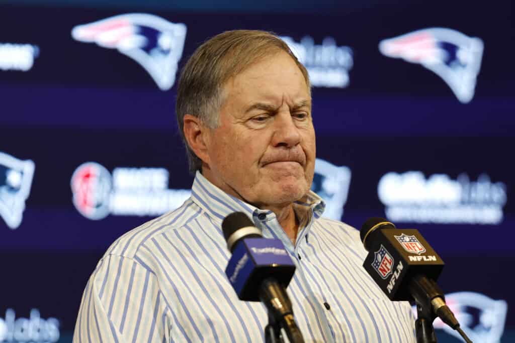 FOXBOROUGH, MASSACHUSETTS - JANUARY 07: New England Patriots head coach Bill Belichick speaks during a press conference after a game against the New York Jets at Gillette Stadium on January 07, 2024 in Foxborough, Massachusetts.