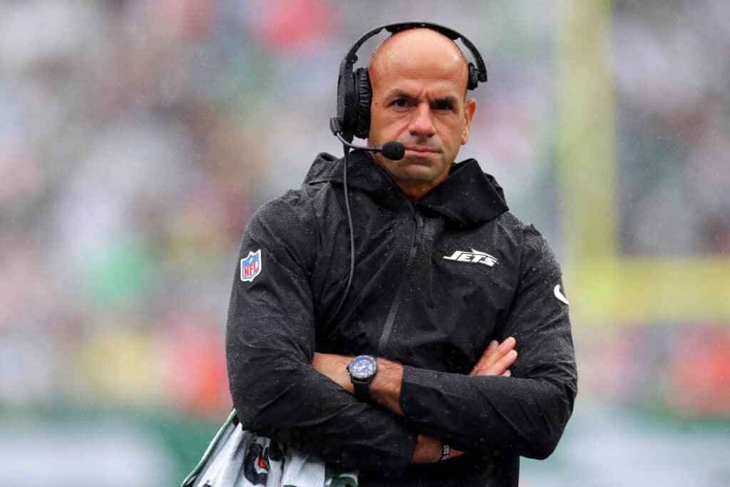 EAST RUTHERFORD, NEW JERSEY - SEPTEMBER 29: Head coach Robert Saleh of the New York Jets looks on against the Denver Broncos during the first half at MetLife Stadium on September 29, 2024 in East Rutherford, New Jersey. 