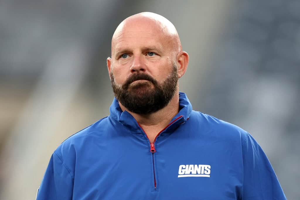 EAST RUTHERFORD, NEW JERSEY - SEPTEMBER 26: Head coach Brian Daboll of the New York Giants looks on prior to the game against the Dallas Cowboys at MetLife Stadium on September 26, 2024 in East Rutherford, New Jersey.