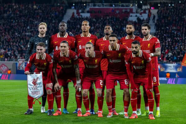 LEIPZIG, GERMANY - Wednesday, October 23, 2024: Liverpool players line-up for a team group photograph before the UEFA Champions League Match Day 3 game between RB Leipzig and Liverpool FC at the Red Bull Arena. Back row L-R: goalkeeper Caoimhin Kelleher, Ibrahima Konaté, captain Virgil van Dijk, Ryan Gravenberch, Cody Gakpo, Dominik Szoboszlai. Front row L-R: Alexis Mac Allister, Darwin Núñez, Kostas Tsimikas, Trent Alexander-Arnold, Mohamed Salah. (Photo by David Rawcliffe/Propaganda)