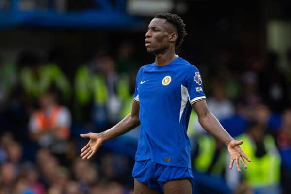 LONDON, ENGLAND - Sunday, August 13, 2023: Chelsea's Nicolas Jackson during the FA Premier League match between Chelsea FC and Liverpool FC at Stamford Bridge. The game ended in a 1-1 draw. (Pic by David Rawcliffe/Propaganda)