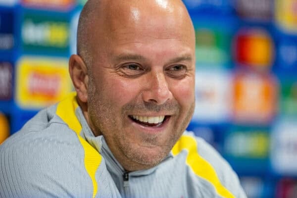 LIVERPOOL, ENGLAND - Tuesday, October 1, 2024: Liverpool's head coach Arne Slot during a press conference at Anfield ahead of the UEFA Champions League game between Liverpool FC and Bologna FC. (Photo by David Rawcliffe/Propaganda)